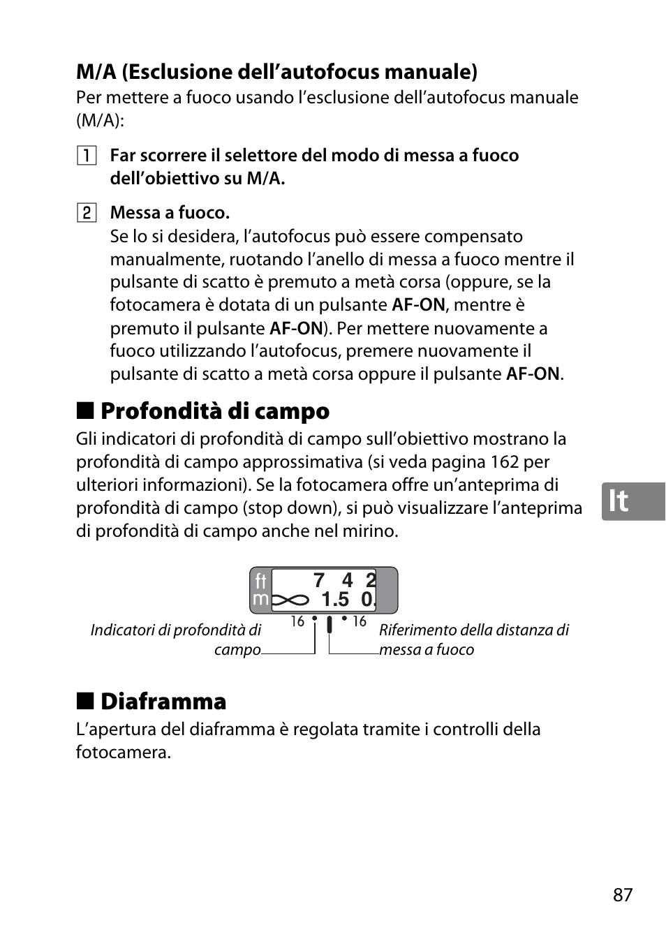 M/a (esclusione dell’autofocus manuale), Profondità di campo, Diaframma | Nikon 50mm-f-18G-AF-S-Nikkor User Manual | Page 87 / 164