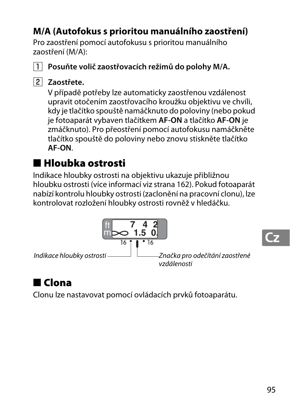 M/a (autofokus s prioritou manuálního zaostření), Hloubka ostrosti, Clona | Nikon 50mm-f-18G-AF-S-Nikkor User Manual | Page 95 / 164
