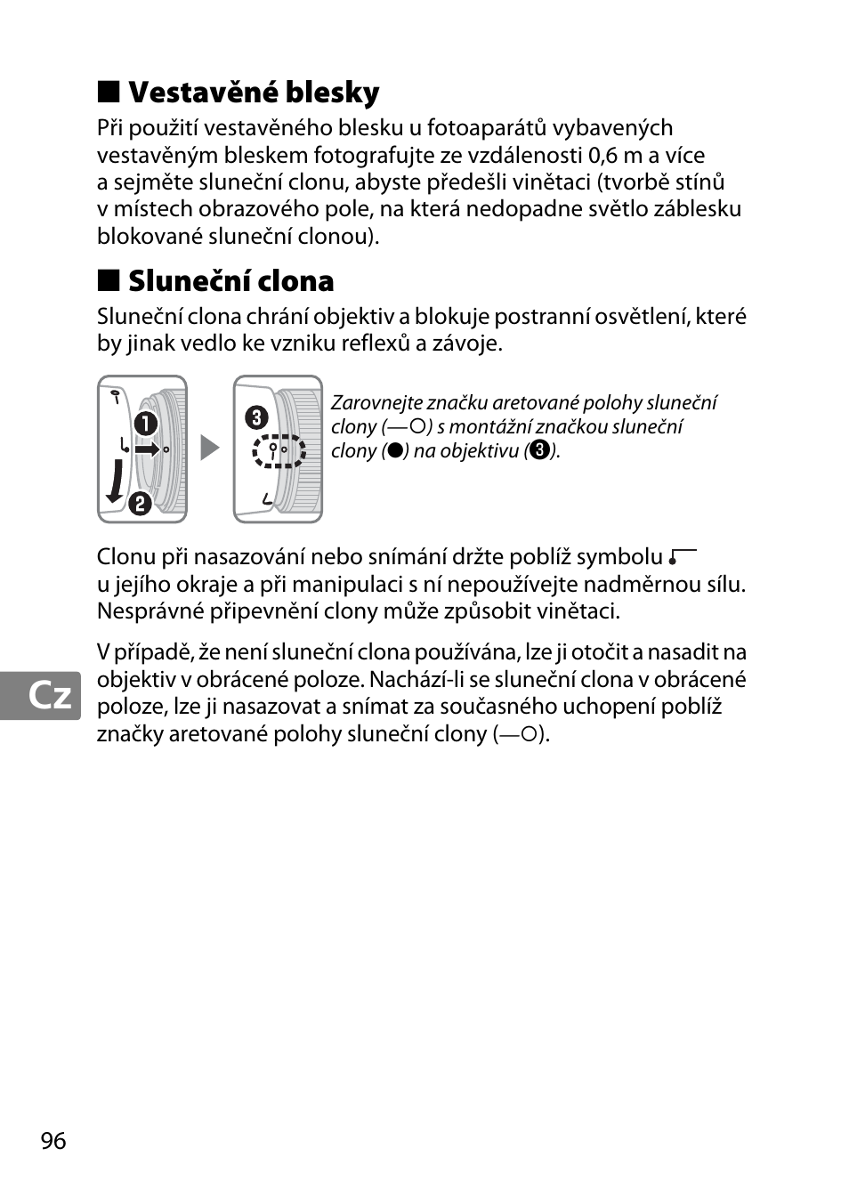 Vestavěné blesky, Sluneční clona | Nikon 50mm-f-18G-AF-S-Nikkor User Manual | Page 96 / 164