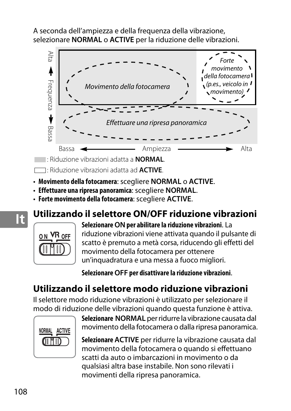 Utilizzando il selettore modo riduzione vibrazioni | Nikon 18-300mm-f-35-56G-ED-VR-AF-S-DX-Nikkor User Manual | Page 108 / 200