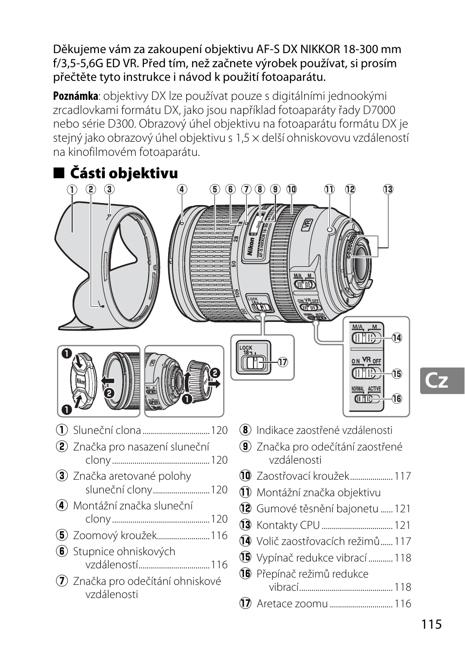 Části objektivu | Nikon 18-300mm-f-35-56G-ED-VR-AF-S-DX-Nikkor User Manual | Page 115 / 200