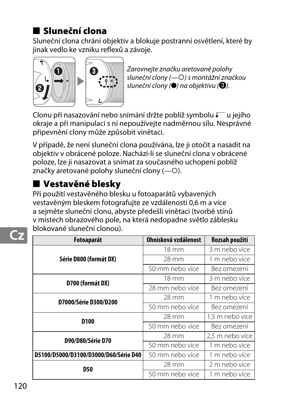 Sluneční clona, Vestavěné blesky | Nikon 18-300mm-f-35-56G-ED-VR-AF-S-DX-Nikkor User Manual | Page 120 / 200