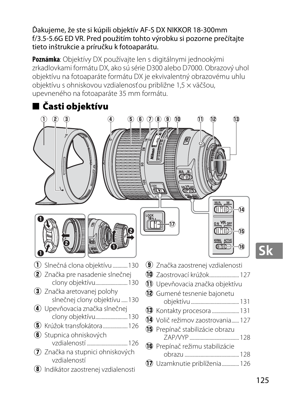 Časti objektívu | Nikon 18-300mm-f-35-56G-ED-VR-AF-S-DX-Nikkor User Manual | Page 125 / 200