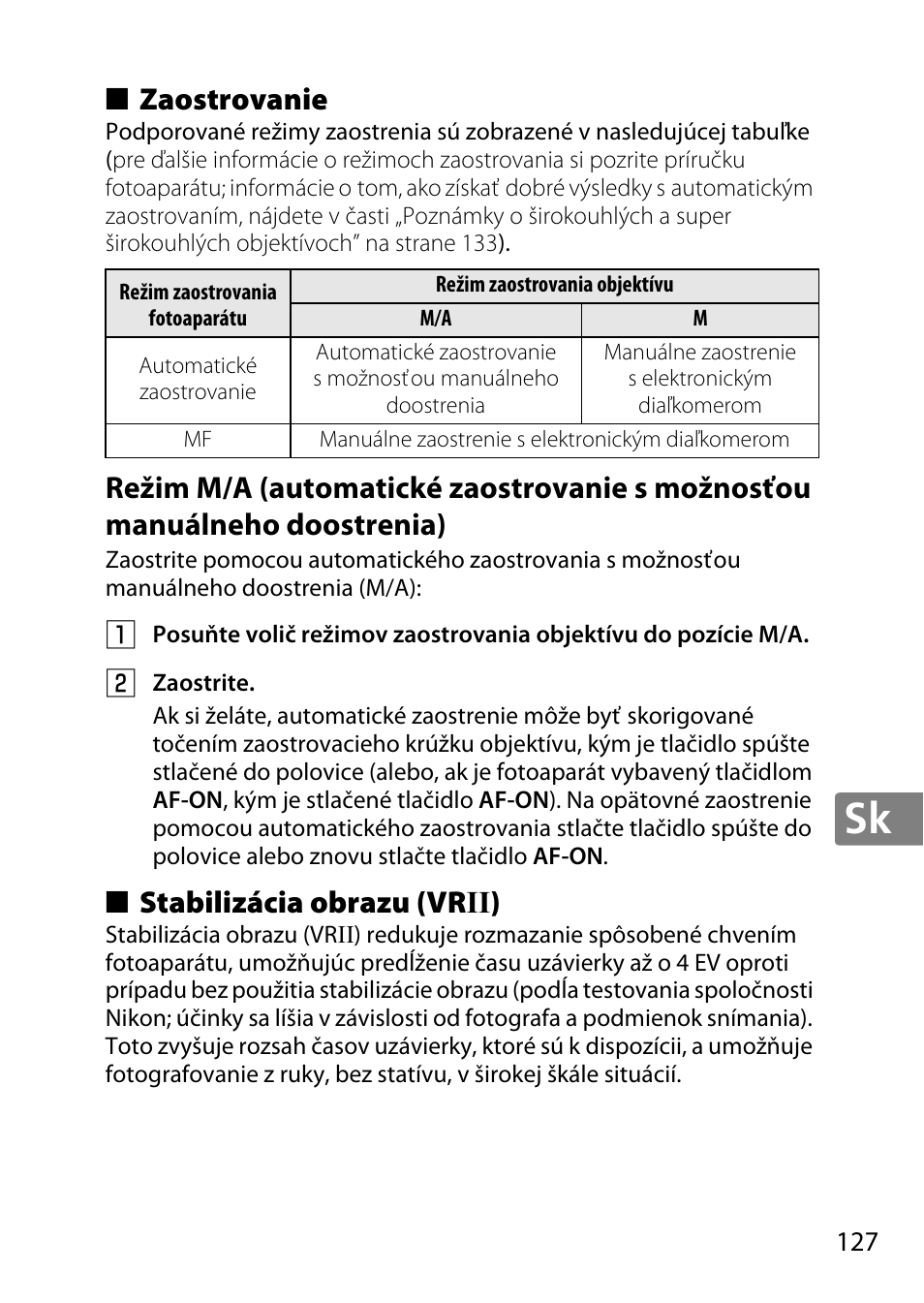 Zaostrovanie, Stabilizácia obrazu (vrii), Stabilizácia obrazu (vr ii) | Nikon 18-300mm-f-35-56G-ED-VR-AF-S-DX-Nikkor User Manual | Page 127 / 200