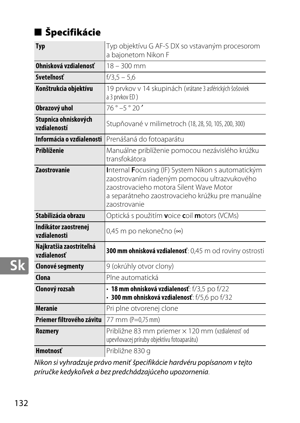 Špecifikácie | Nikon 18-300mm-f-35-56G-ED-VR-AF-S-DX-Nikkor User Manual | Page 132 / 200