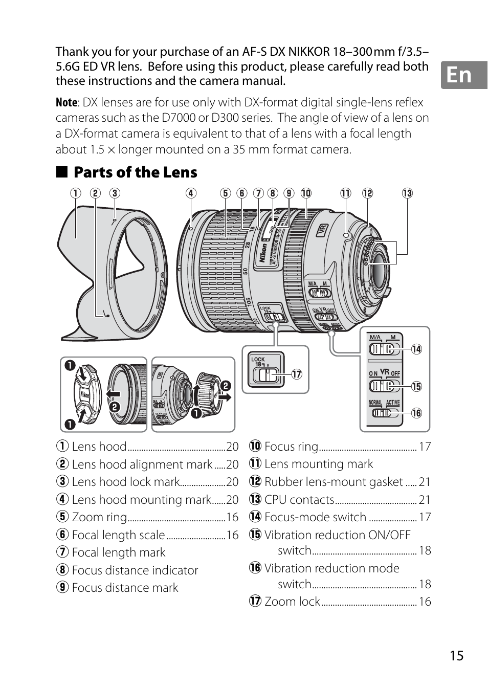 Parts of the lens | Nikon 18-300mm-f-35-56G-ED-VR-AF-S-DX-Nikkor User Manual | Page 15 / 200