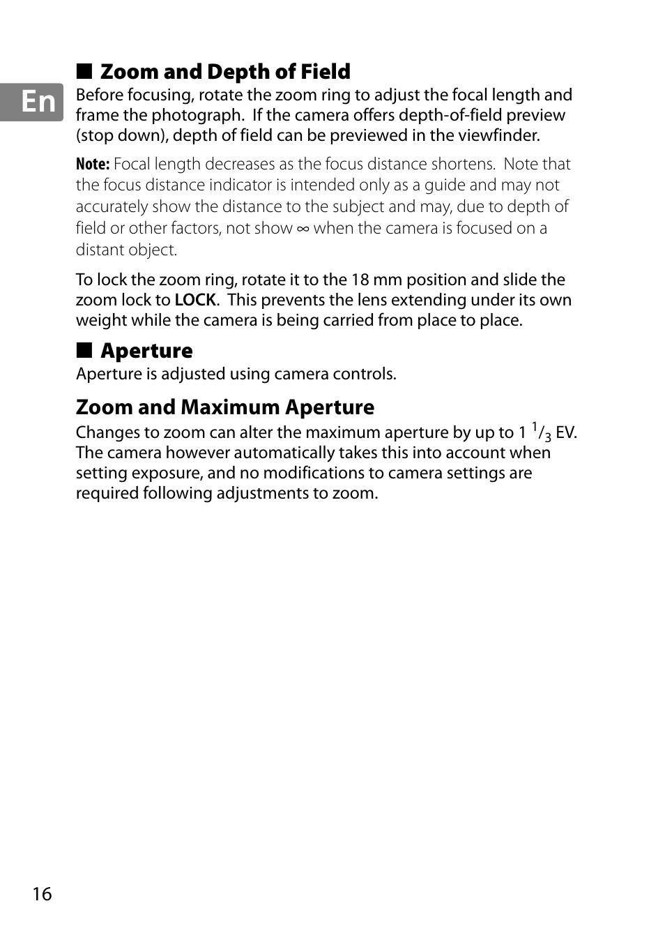 Zoom and depth of field, Aperture, Zoom and maximum aperture | Nikon 18-300mm-f-35-56G-ED-VR-AF-S-DX-Nikkor User Manual | Page 16 / 200