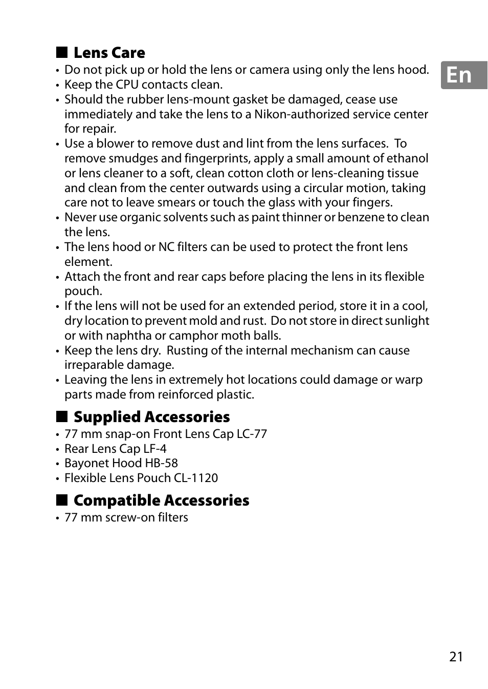 Lens care, Supplied accessories, Compatible accessories | Nikon 18-300mm-f-35-56G-ED-VR-AF-S-DX-Nikkor User Manual | Page 21 / 200