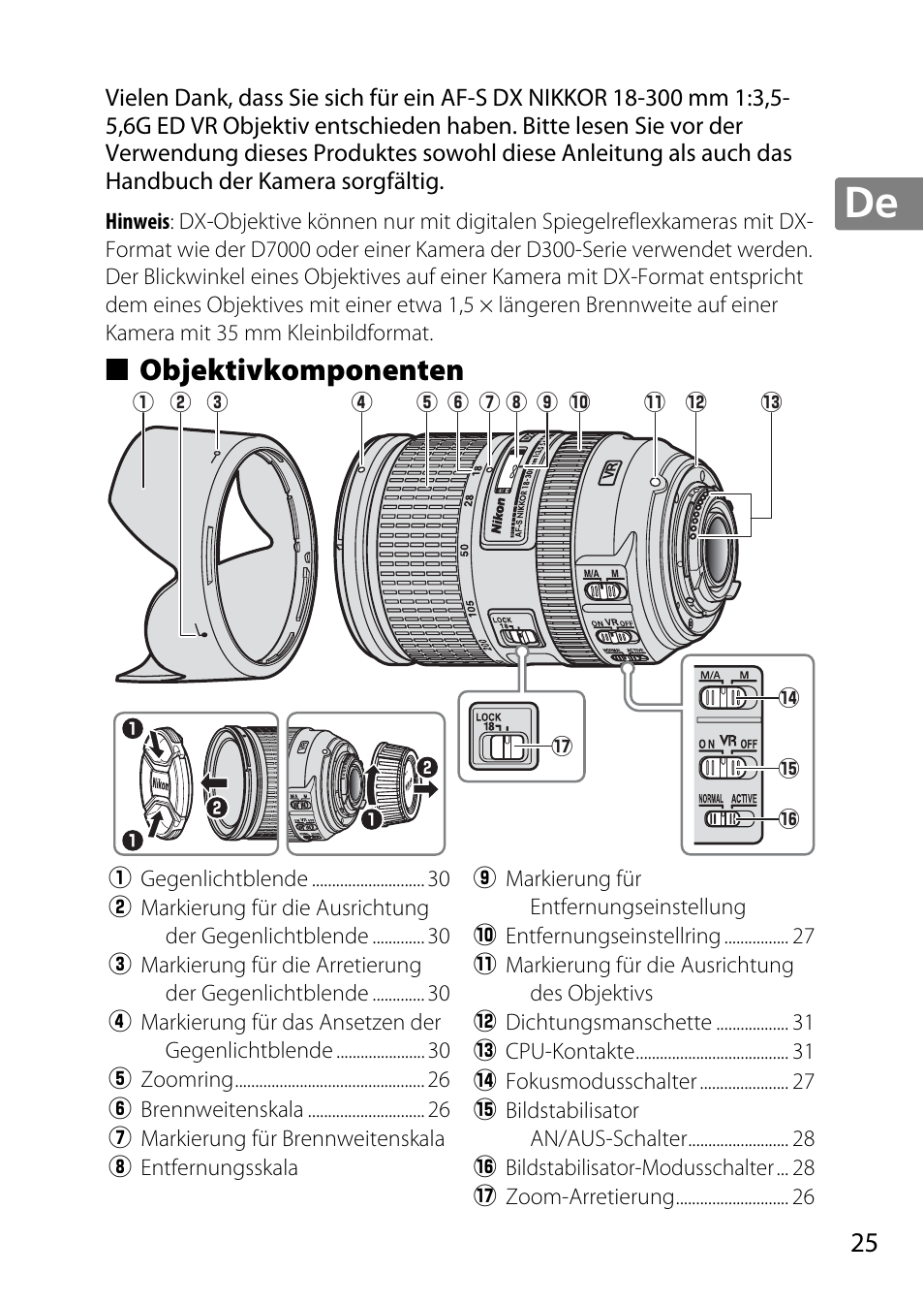 Objektivkomponenten | Nikon 18-300mm-f-35-56G-ED-VR-AF-S-DX-Nikkor User Manual | Page 25 / 200