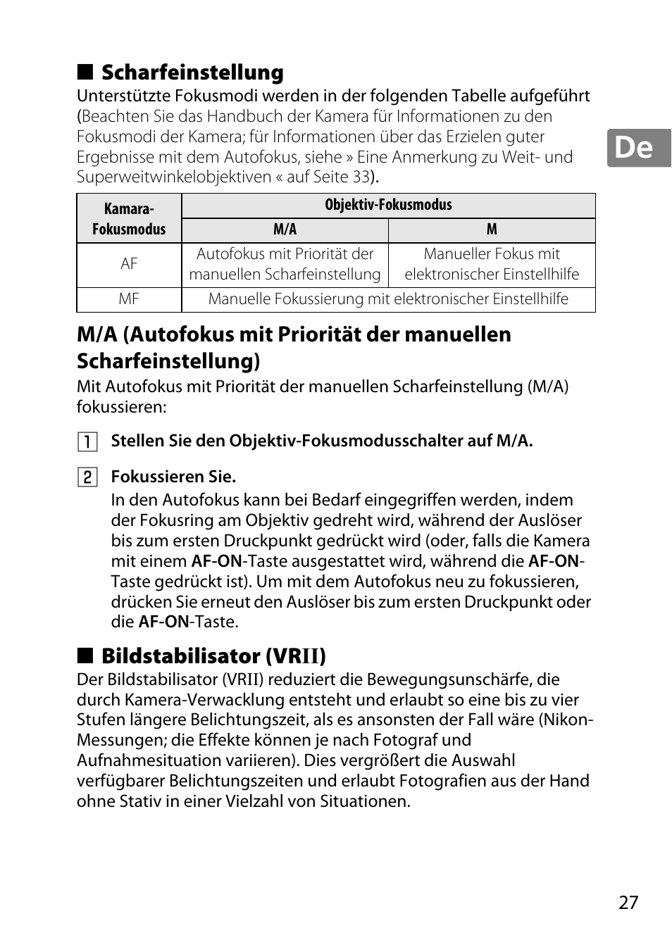 Scharfeinstellung, Bildstabilisator (vrii), Bildstabilisator (vr ii) | Nikon 18-300mm-f-35-56G-ED-VR-AF-S-DX-Nikkor User Manual | Page 27 / 200