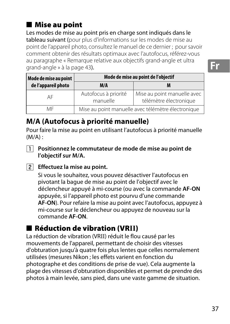 Mise au point, M/a (autofocus à priorité manuelle), Réduction de vibration (vrii) | Réduction de vibration (vr ii) | Nikon 18-300mm-f-35-56G-ED-VR-AF-S-DX-Nikkor User Manual | Page 37 / 200