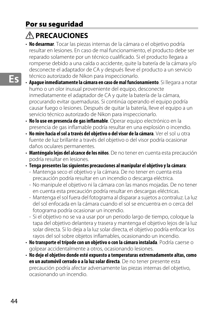 Por su seguridad, Precauciones | Nikon 18-300mm-f-35-56G-ED-VR-AF-S-DX-Nikkor User Manual | Page 44 / 200