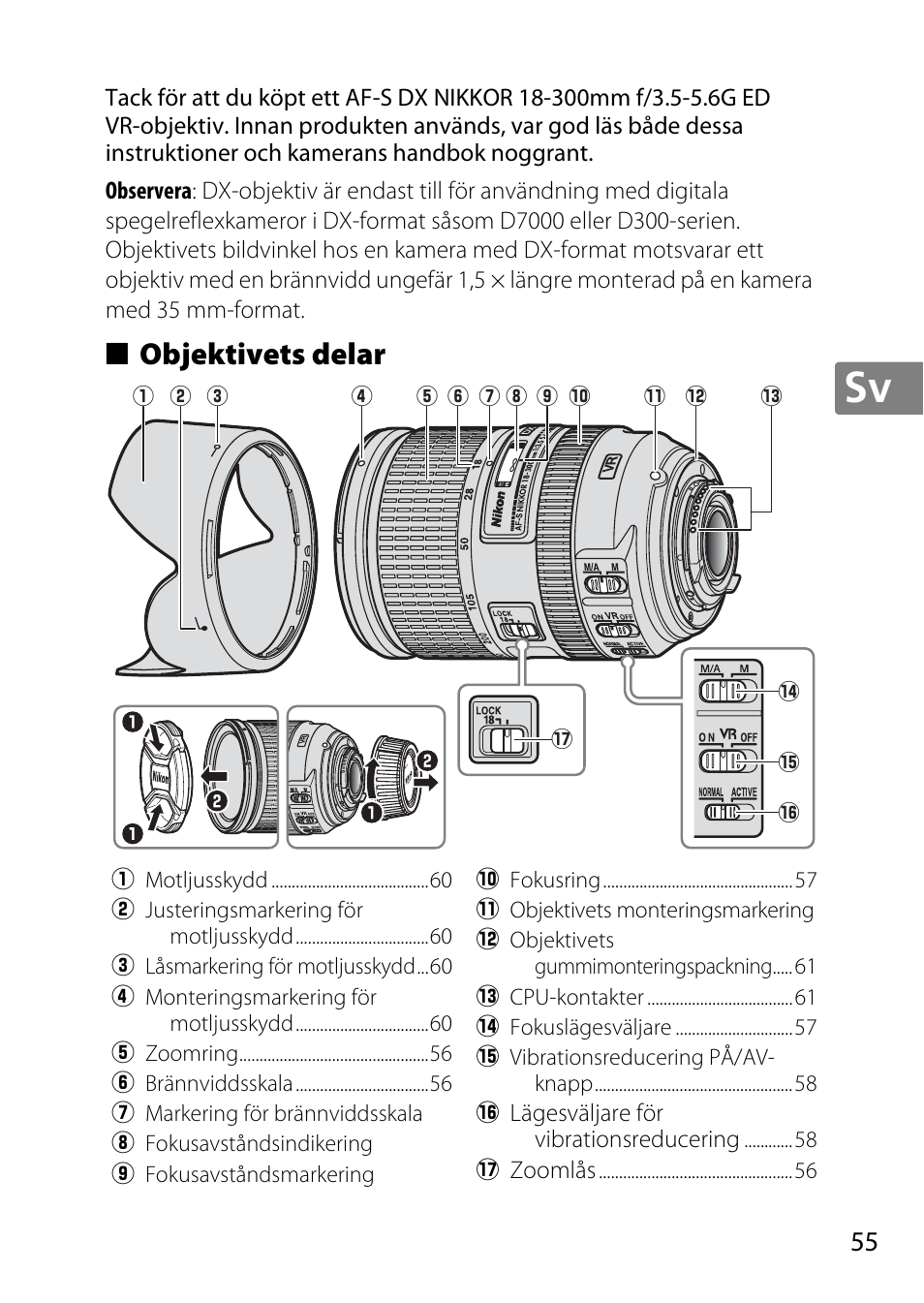 Objektivets delar | Nikon 18-300mm-f-35-56G-ED-VR-AF-S-DX-Nikkor User Manual | Page 55 / 200