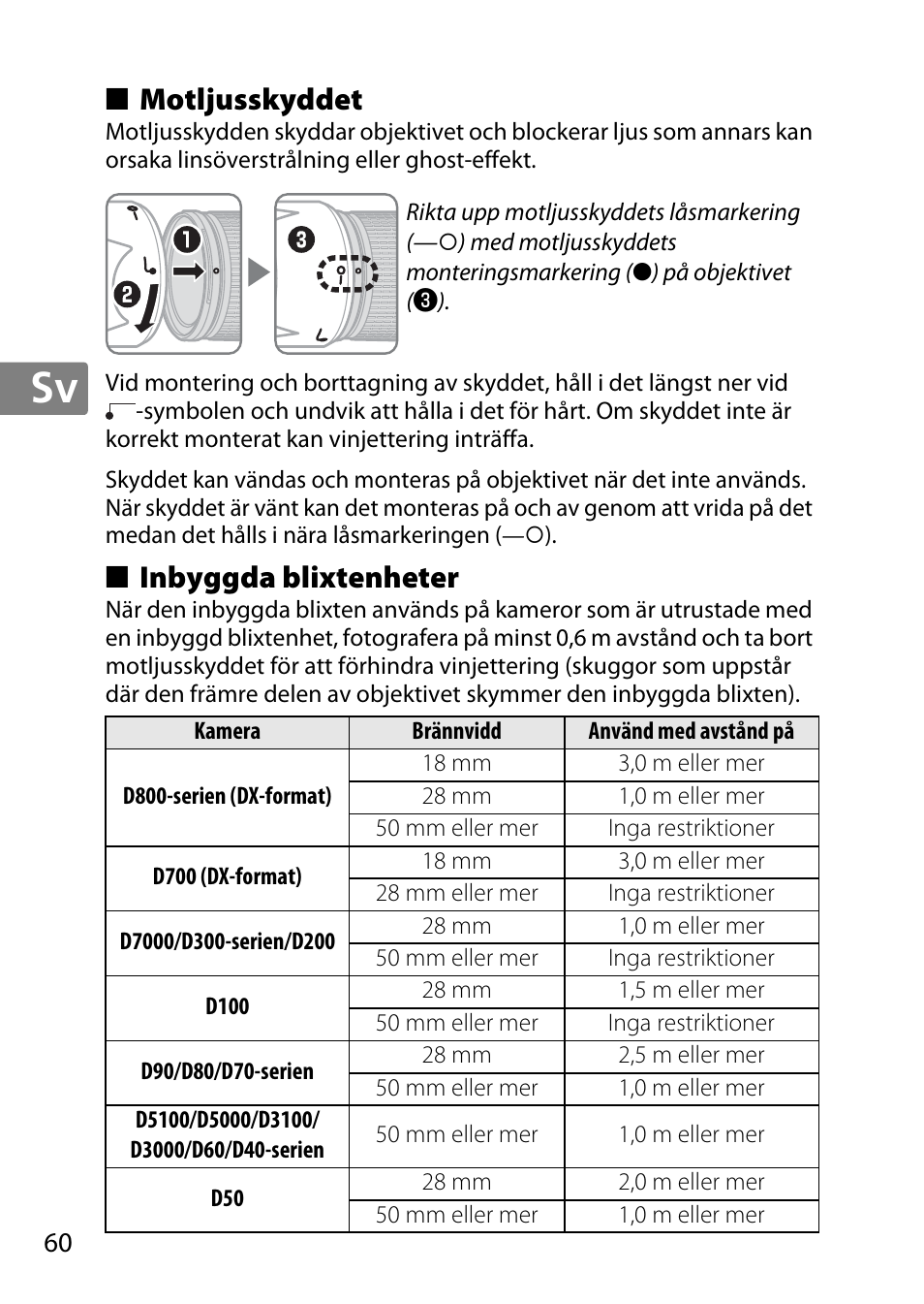 Motljusskyddet, Inbyggda blixtenheter | Nikon 18-300mm-f-35-56G-ED-VR-AF-S-DX-Nikkor User Manual | Page 60 / 200