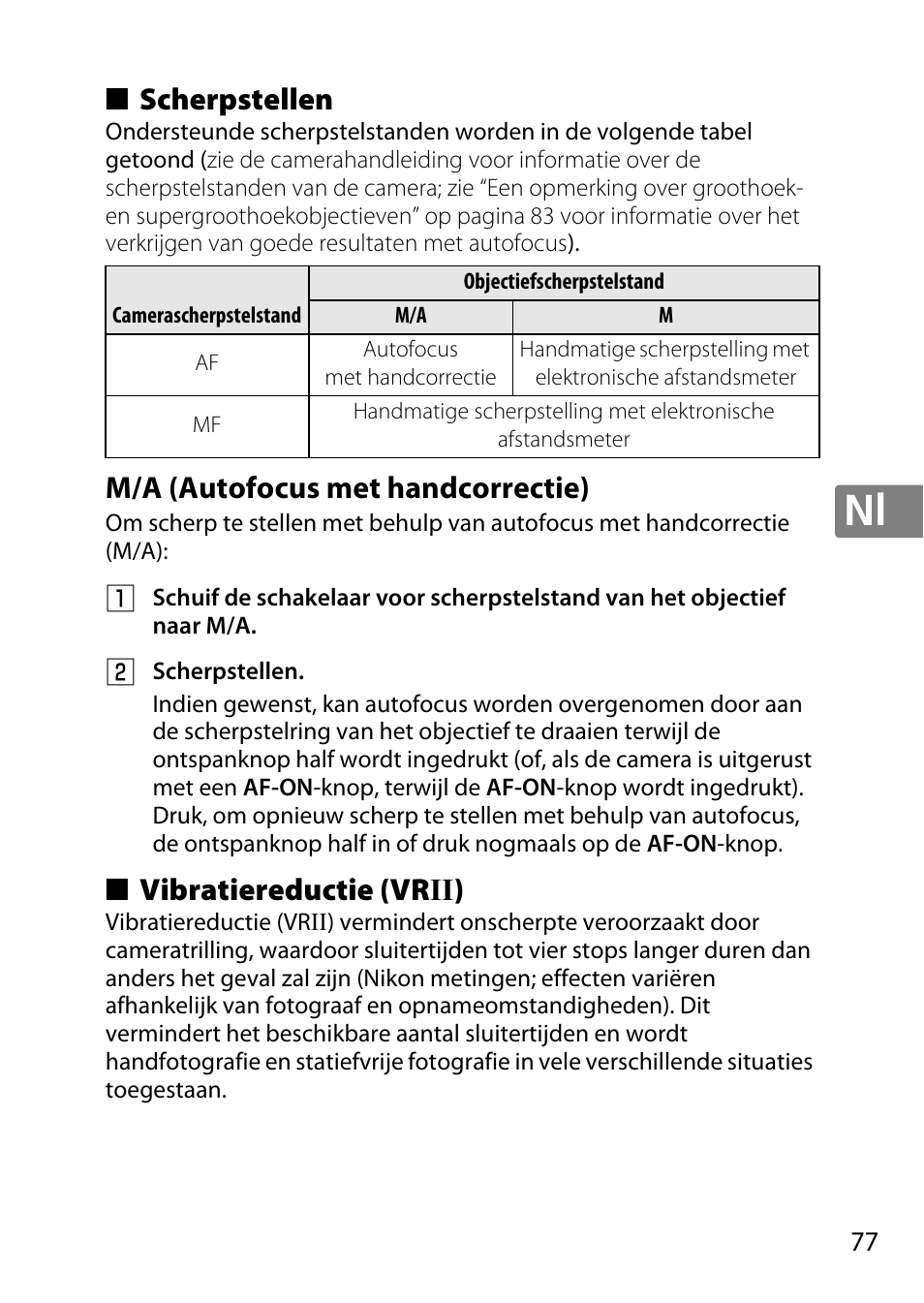 Scherpstellen, M/a (autofocus met handcorrectie), Vibratiereductie (vrii) | Vibratiereductie (vr ii) | Nikon 18-300mm-f-35-56G-ED-VR-AF-S-DX-Nikkor User Manual | Page 77 / 200