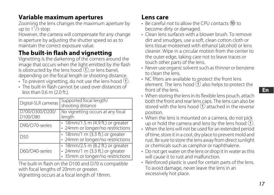 Variable maximum apertures, The built-in flash and vignetting, Lens care | U contacts (p. 17) | Nikon 18-105mm-f-35-56G-ED-AF-S-VR-DX User Manual | Page 17 / 104