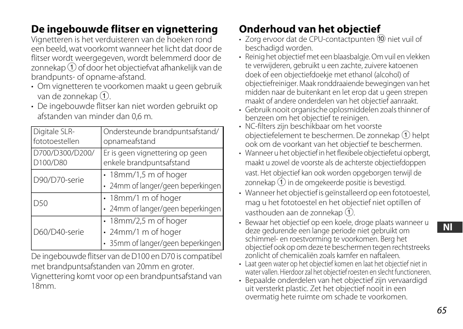 De ingebouwde flitser en vignettering, Onderhoud van het objectief | Nikon 18-105mm-f-35-56G-ED-AF-S-VR-DX User Manual | Page 65 / 104