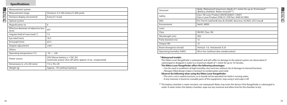 Specifications | Nikon PROSTAFF User Manual | Page 10 / 41