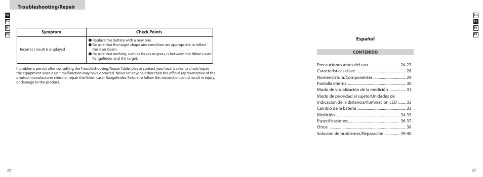 Troubleshooting/repair, Español | Nikon PROSTAFF User Manual | Page 12 / 41