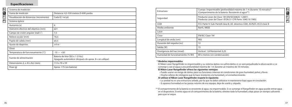 Especificaciones | Nikon PROSTAFF User Manual | Page 19 / 41