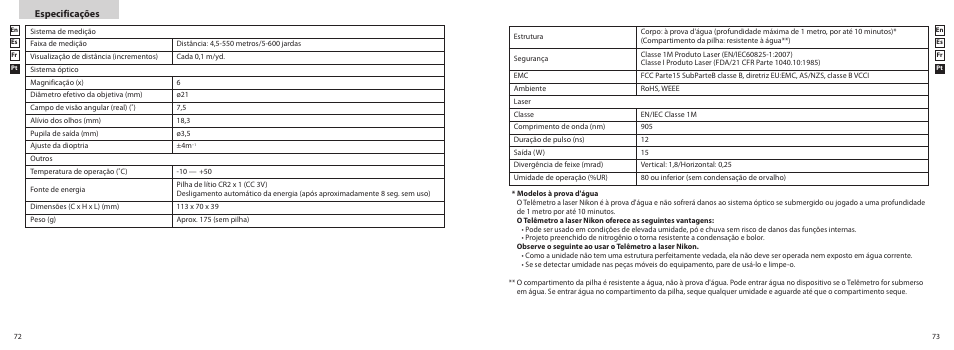 Especificações | Nikon PROSTAFF User Manual | Page 37 / 41