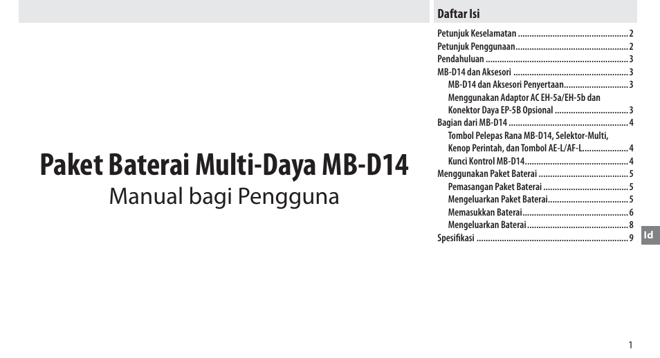 Daftar isi, Paket baterai multi-daya mb-d14, Manual bagi pengguna | Nikon MB-D14 User Manual | Page 107 / 156