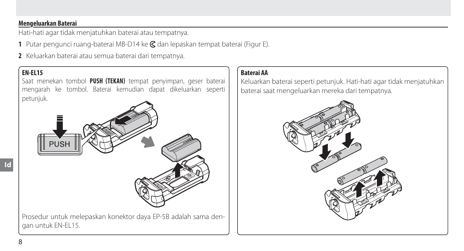 Mengeluarkan baterai | Nikon MB-D14 User Manual | Page 114 / 156