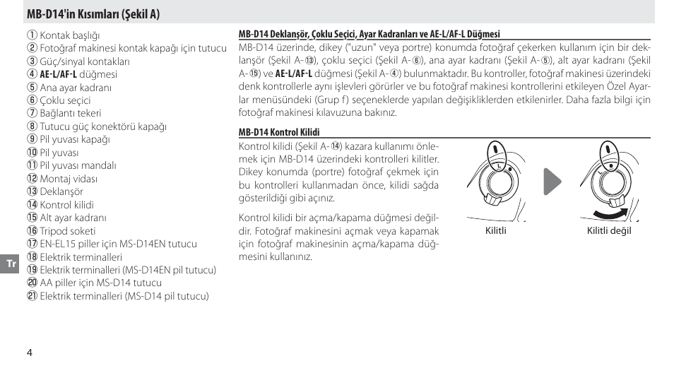 Mb-d14'in kısımları, Mb-d14 kontrol kilidi, Mb-d14'in kısımları (şekil a) | Nikon MB-D14 User Manual | Page 120 / 156