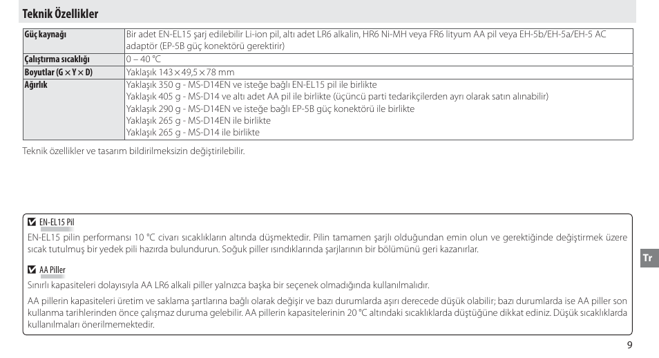 Teknik özellikler | Nikon MB-D14 User Manual | Page 125 / 156