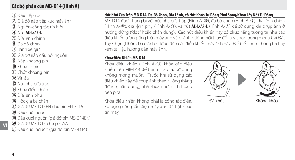 Các bộ phận của mb-d14, Khóa điều khiển mb-d14, Các bộ phận của mb-d14 (hình a) | Nikon MB-D14 User Manual | Page 130 / 156
