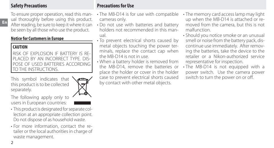 Safety precautions, Notice for notice for customers in europe, Precautions for use | Nikon MB-D14 User Manual | Page 18 / 156