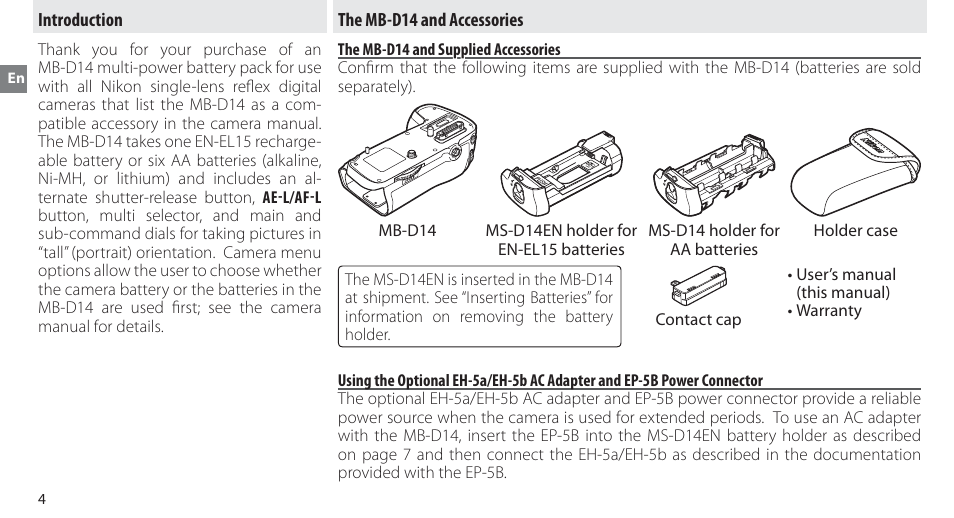 Introduction, The mb-d14 and accessories, The mb-d14 and supplied accessories | Nikon MB-D14 User Manual | Page 20 / 156