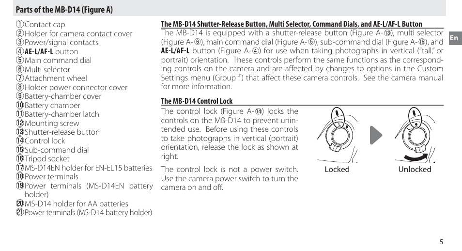 Parts of the mb-d14, The mb-d14 control lock | Nikon MB-D14 User Manual | Page 21 / 156