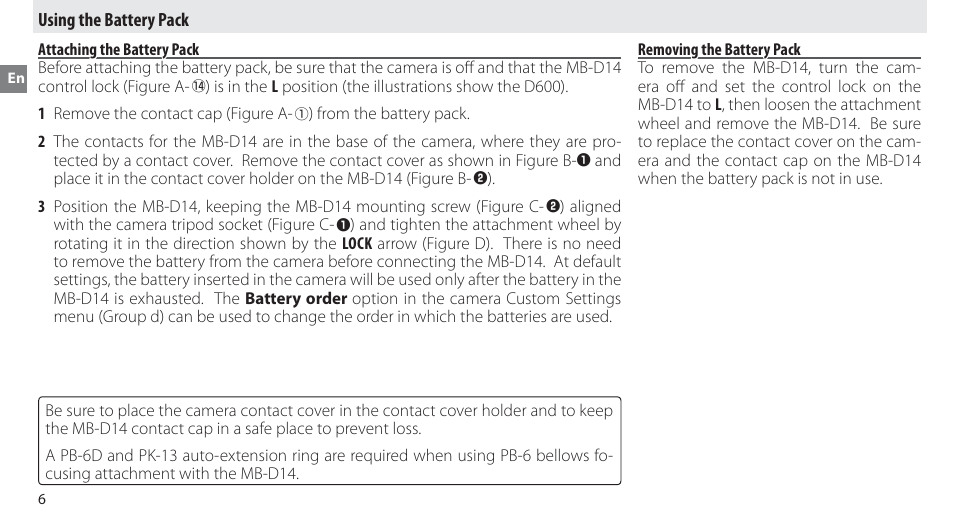 Using the battery pack, Attaching attaching the battery pack, Removing the battery pack | Nikon MB-D14 User Manual | Page 22 / 156