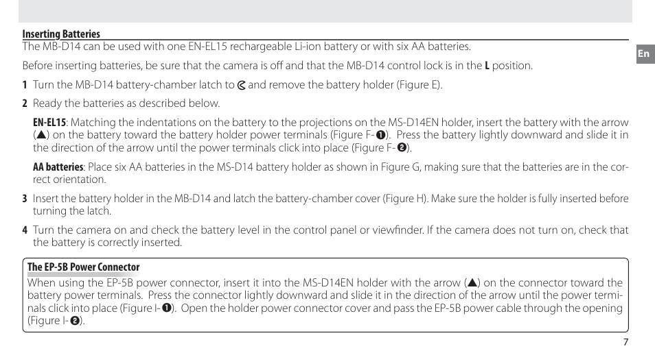 Inserting batteries | Nikon MB-D14 User Manual | Page 23 / 156