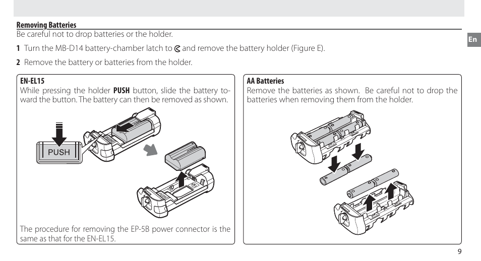 Removing batteries | Nikon MB-D14 User Manual | Page 25 / 156