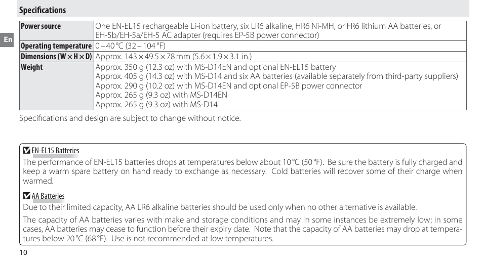 Specifications | Nikon MB-D14 User Manual | Page 26 / 156