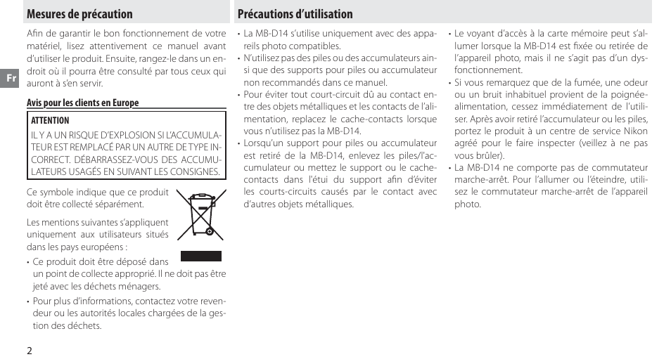 Mesures de précaution, Avis pour les clients en europe, Précautions d’utilisation | Nikon MB-D14 User Manual | Page 28 / 156