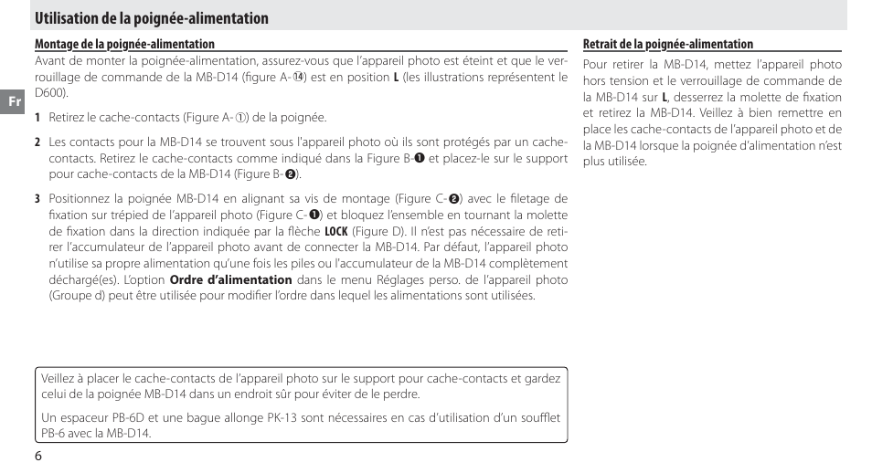 Utilisation de la poignée-alimentation, Montage de la poignée-alimentation, Retrait de la poignée-alimentation | Nikon MB-D14 User Manual | Page 32 / 156