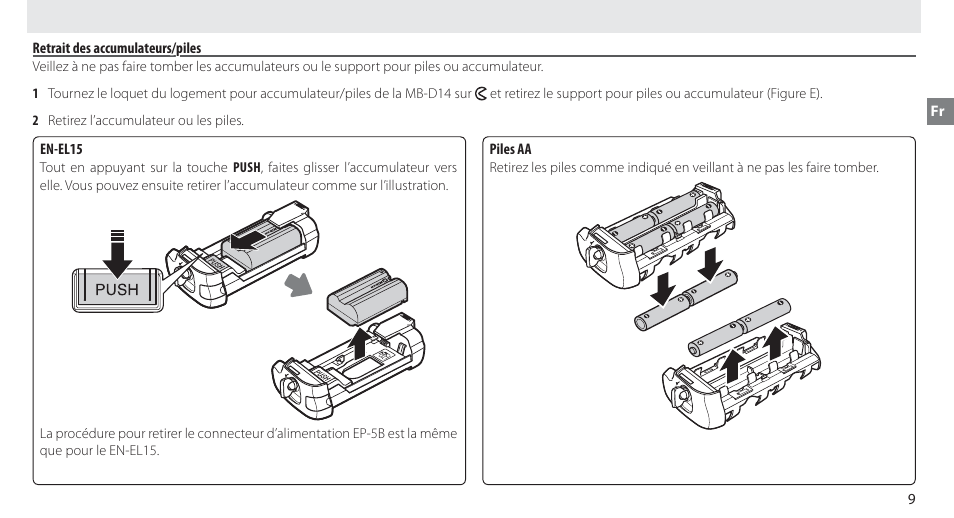 Retrait des accumulateurs/piles | Nikon MB-D14 User Manual | Page 35 / 156