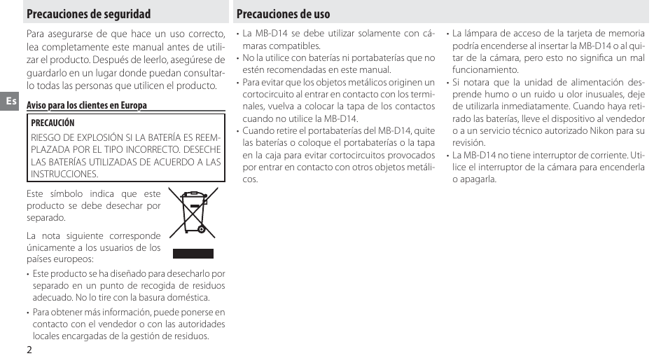 Precauciones de seguridad, Aviso para los clientes en europa, Precauciones de uso | Nikon MB-D14 User Manual | Page 38 / 156