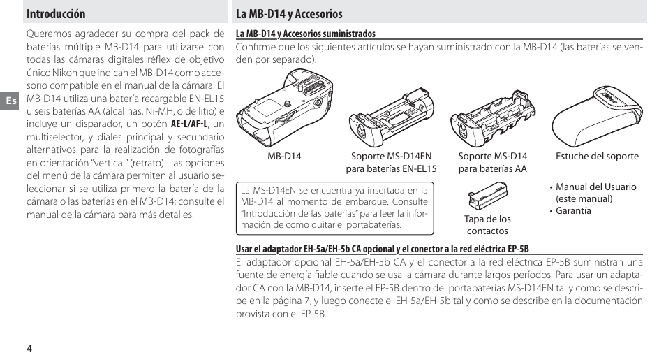 Introducción, La mb-d14 y accesorios, La mb-d14 y accesorios suministrados | Introducción la mb-d14 y accesorios | Nikon MB-D14 User Manual | Page 40 / 156