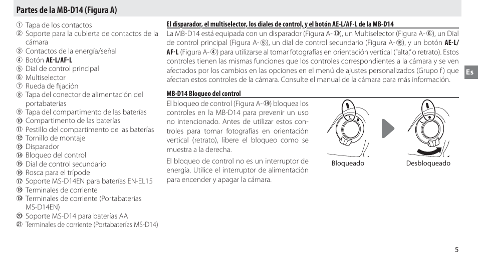 Partes de la mb-d14, Mb-d14 bloqueo del control, Partes de la mb-d14 (figura a) | Nikon MB-D14 User Manual | Page 41 / 156