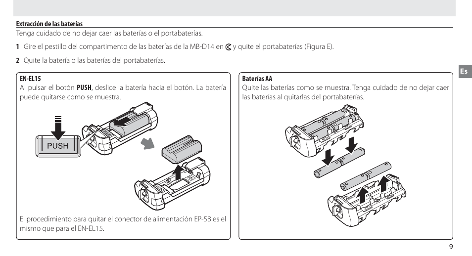 Extracción de las baterías | Nikon MB-D14 User Manual | Page 45 / 156