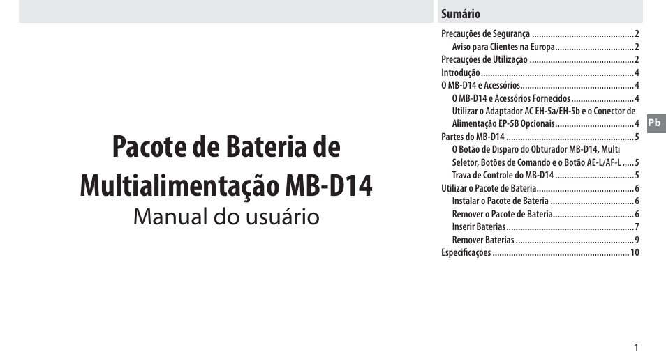 Sumário, Pacote de bateria de multialimentação mb-d14, Manual do usuário | Nikon MB-D14 User Manual | Page 47 / 156