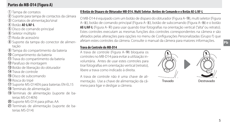 Partes do mb-d14, Trava de controle do mb-d14, Partes do mb-d14 (figura a) | Nikon MB-D14 User Manual | Page 51 / 156