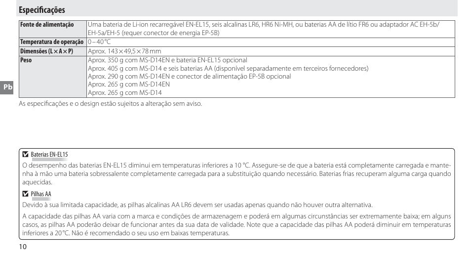 Especifi cações | Nikon MB-D14 User Manual | Page 56 / 156