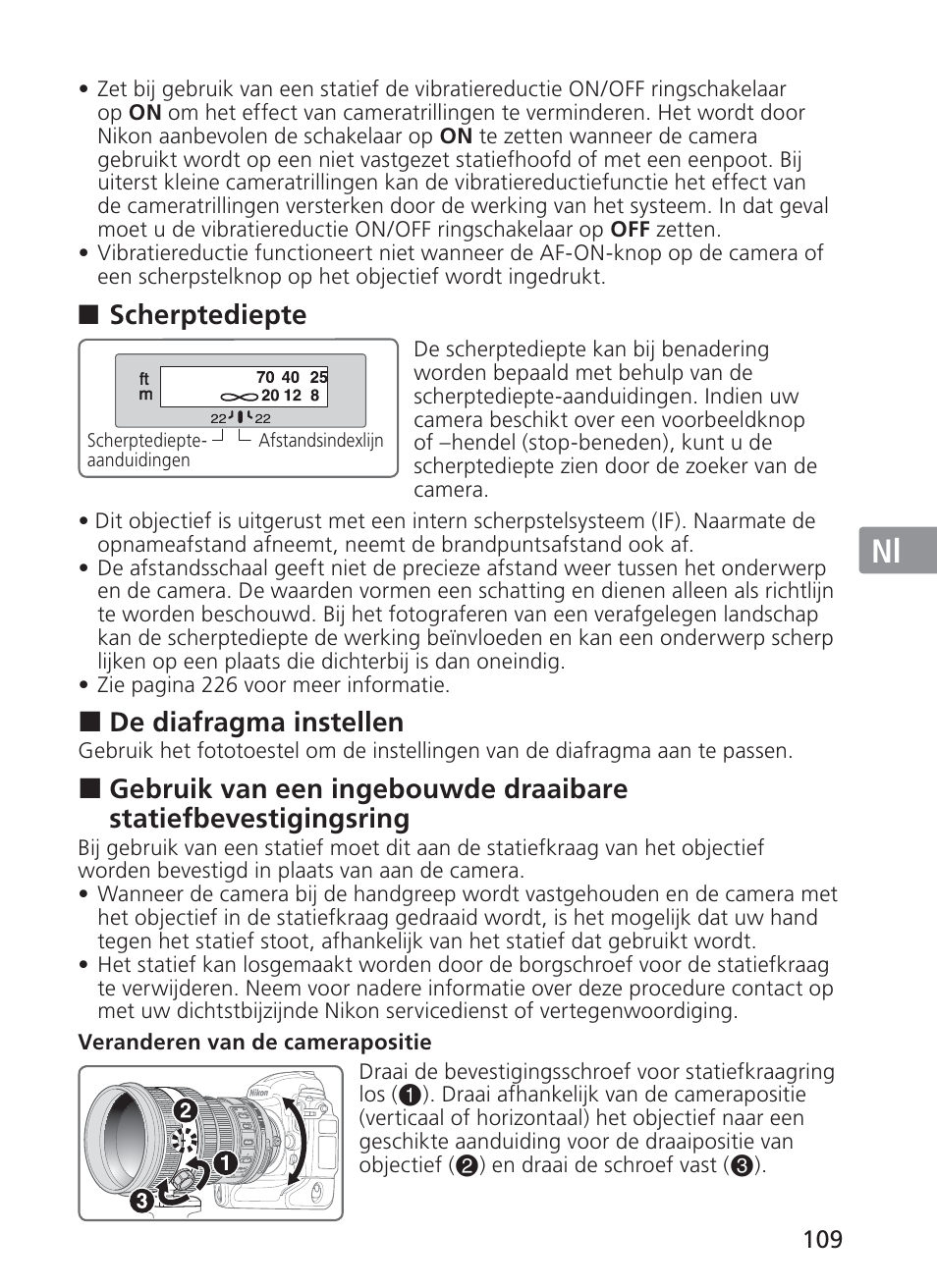 Jp en de fr es se ru nl it ck ch kr, Scherptediepte, De diafragma instellen | Nikon 200mm-f-2G-ED-AF-S-VR-II-Nikkor User Manual | Page 109 / 228