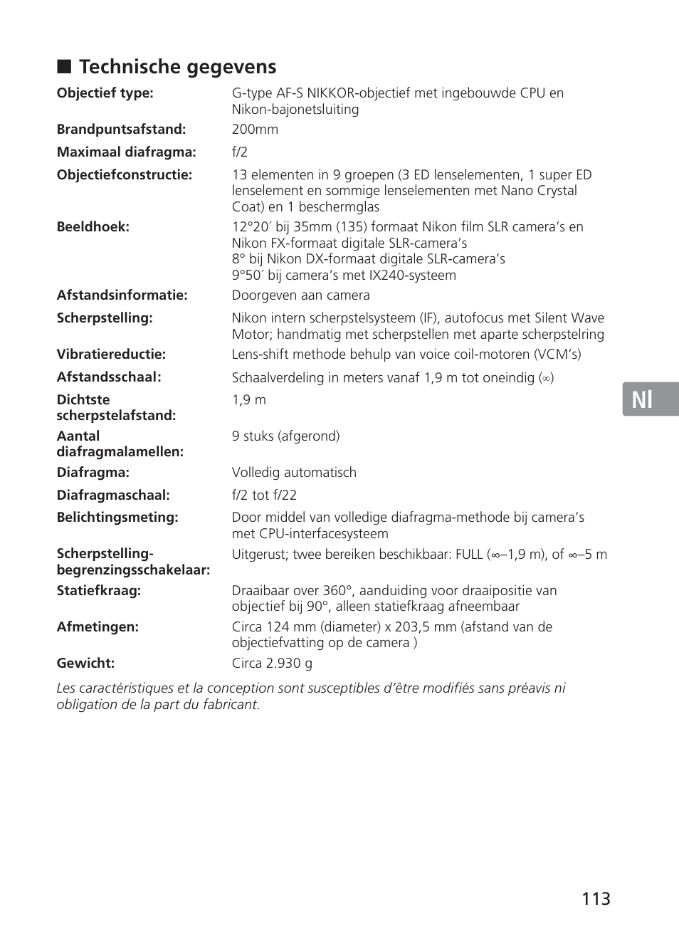Jp en de fr es se ru nl it ck ch kr, Technische gegevens | Nikon 200mm-f-2G-ED-AF-S-VR-II-Nikkor User Manual | Page 113 / 228
