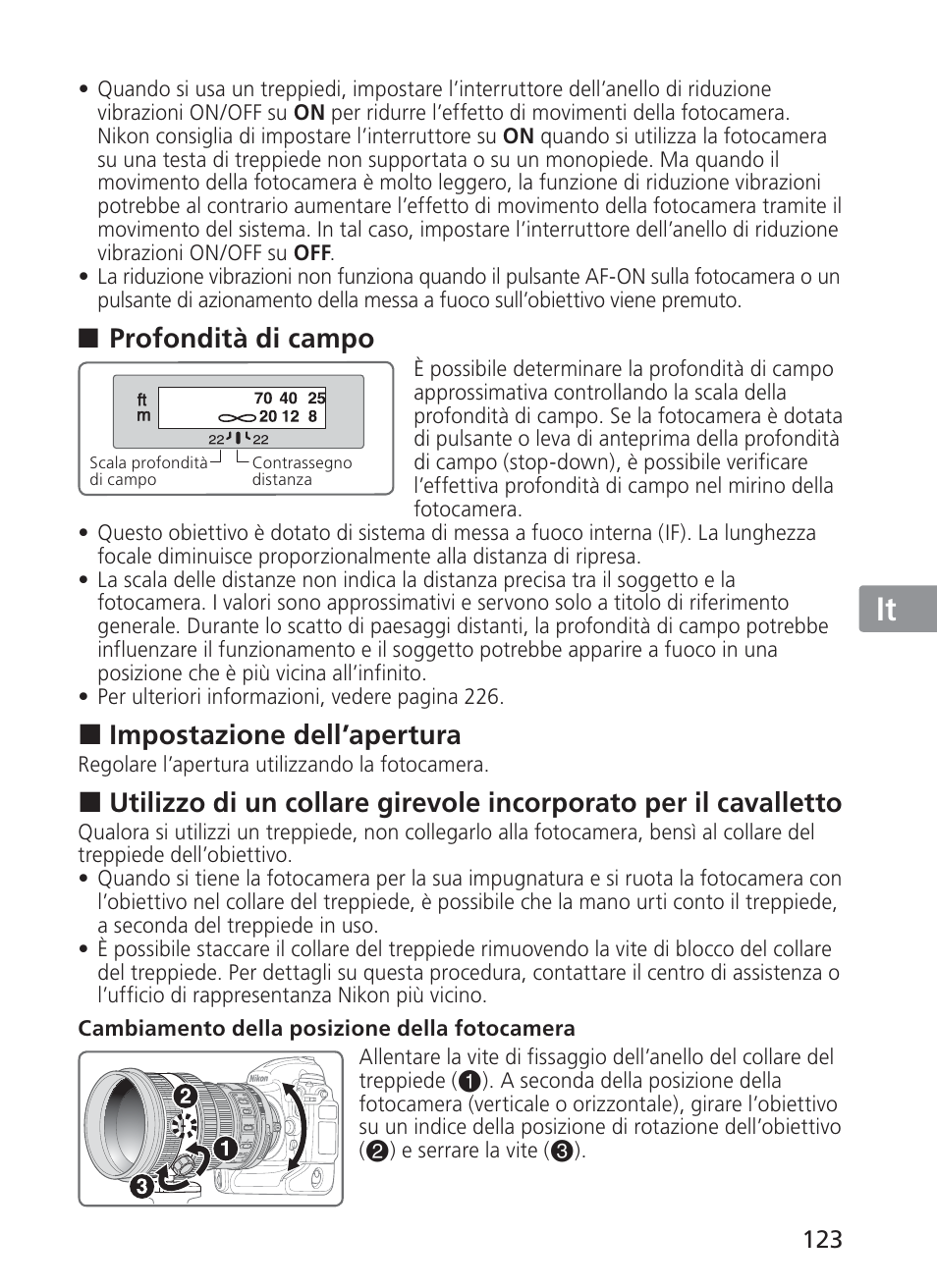 Jp en de fr es se ru nl it ck ch kr, Profondità di campo, Impostazione dell’apertura | Nikon 200mm-f-2G-ED-AF-S-VR-II-Nikkor User Manual | Page 123 / 228